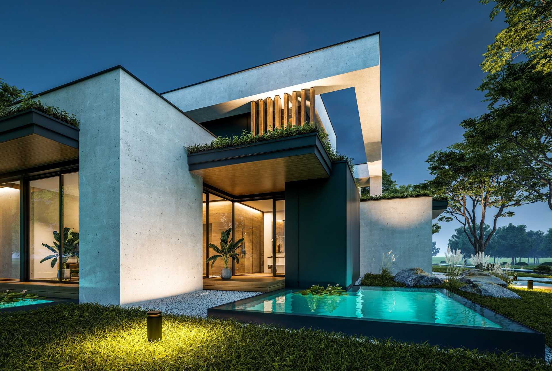 3d rendering of two-story house with concrete facade in night