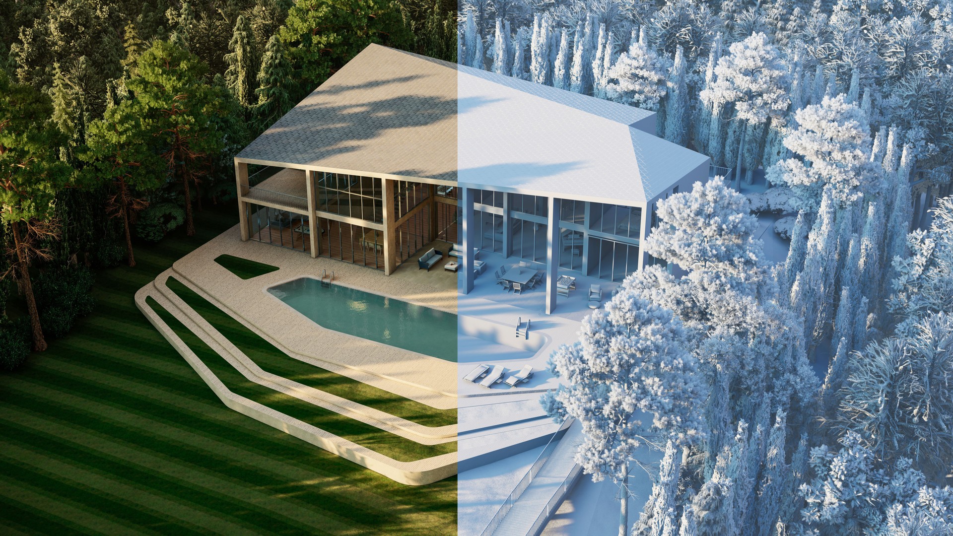 Architectural render vs white 3d model of luxurious mansion from aerial view