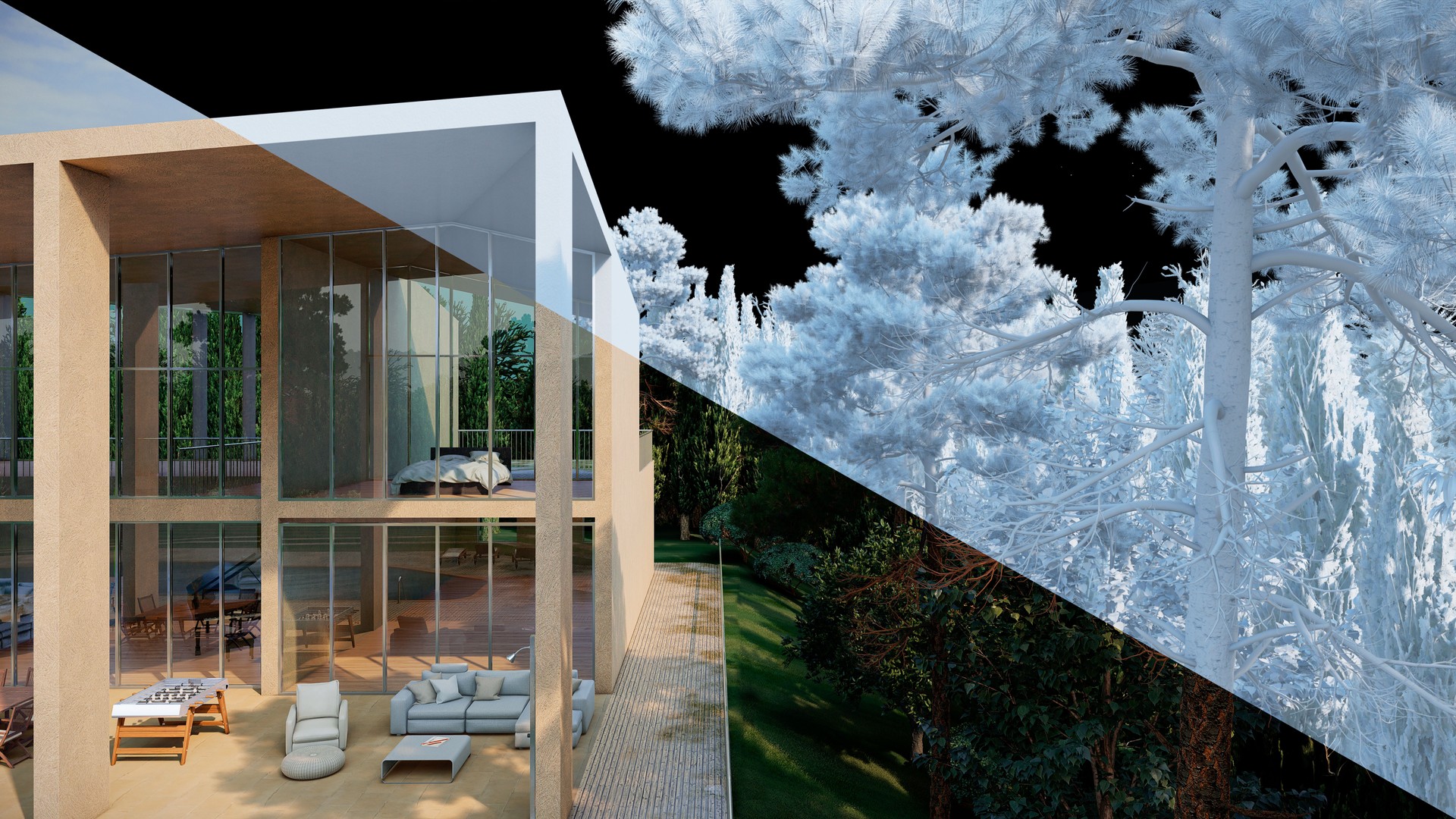 Modern Luxury Home with Outdoor Space, Unique Artistic Rendering comparing 3d Model versus Image