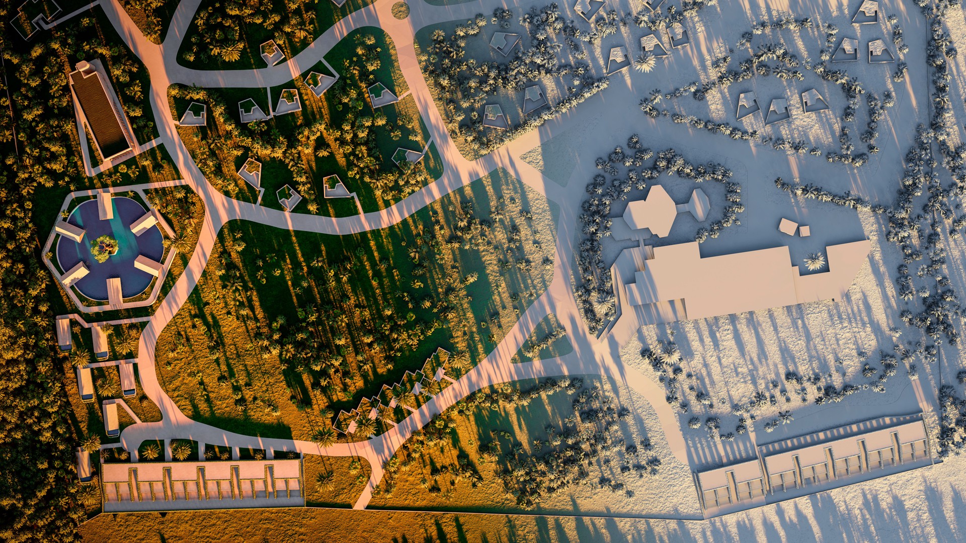 Render vs Black and White 3D Model, aerial view of a modern residential complex by the beach, featuring villas, glamping sites, tourist resort, bungalows, houses, restaurants, and common spaces, set within a green landscape with roads and white