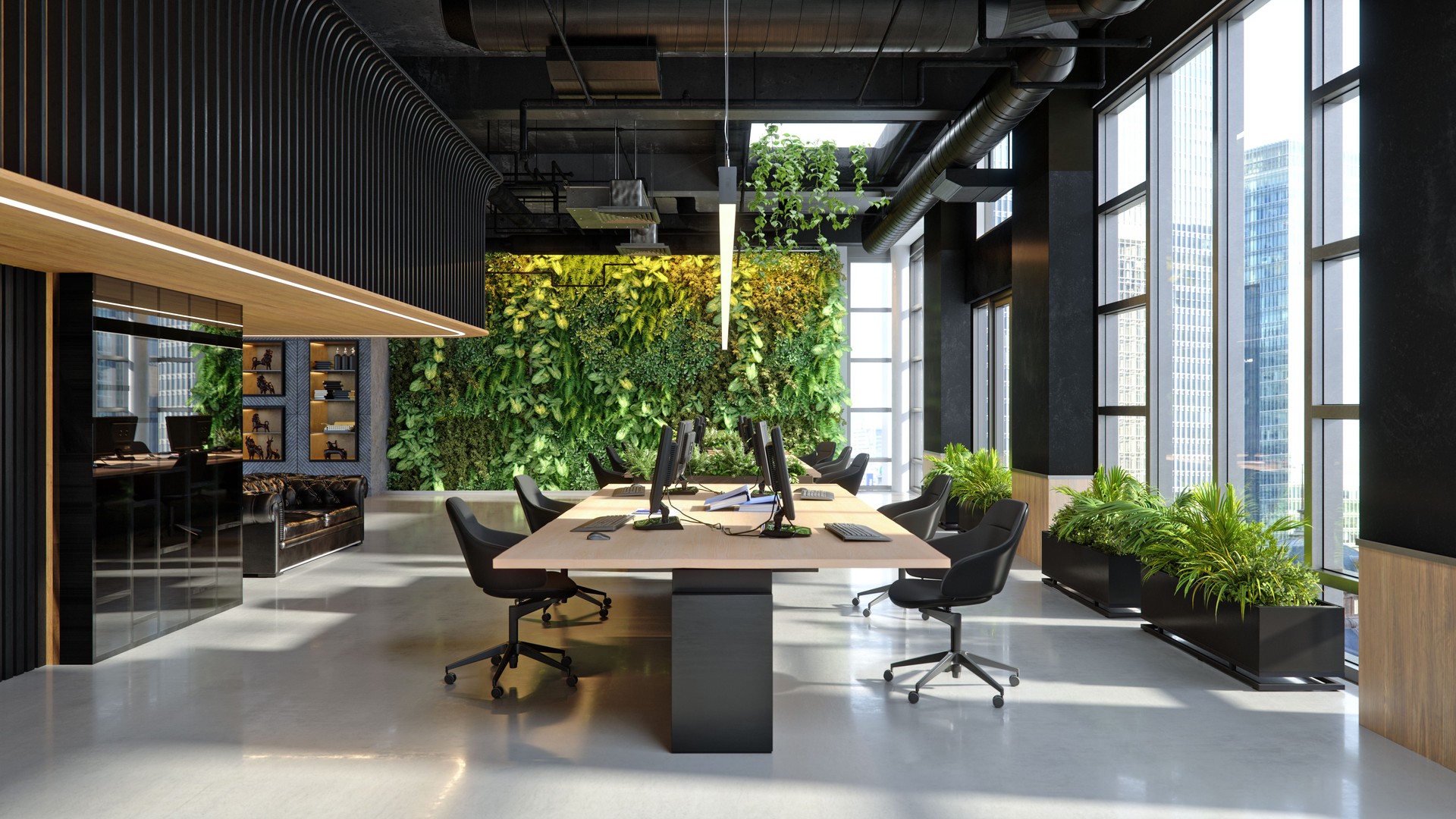 Industrial-Style Sustainable Office with Large Windows and Biophilic Design